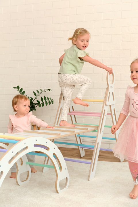 MDF montessori houpačka 85cm + skluzavka + polštář